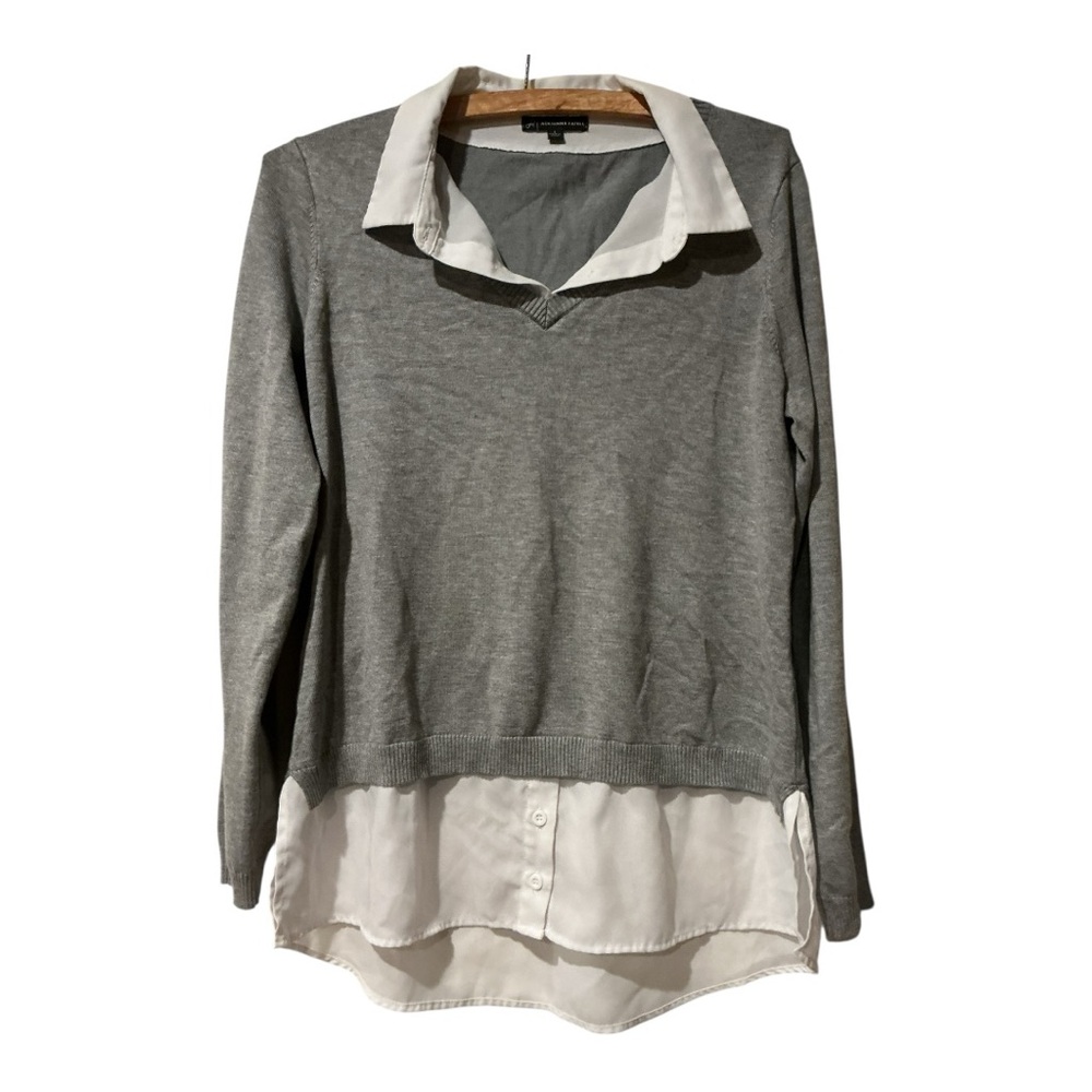 Adrianna Papell Layered Sweater Top Gray White Collar Long Sleeve Size L